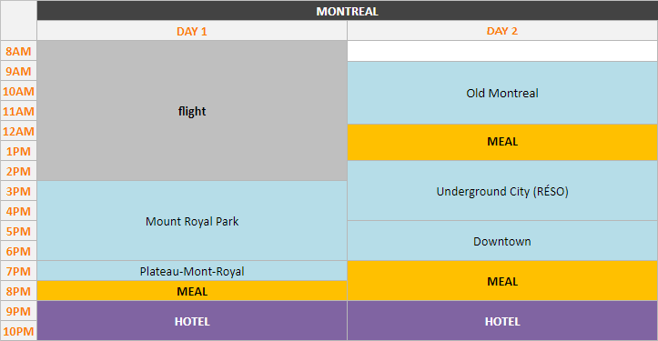 Schedule - Montreal, 2 days