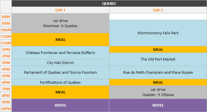 Schedule - Quebec, 2 days