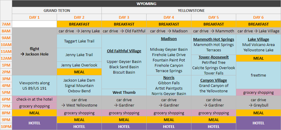 Schedule - Wyoming - Grand Teton and Yellowstone National Parks